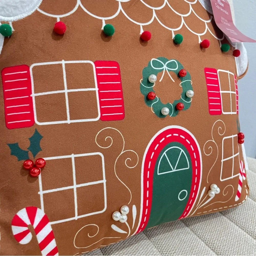 NEW Gingerbread House Christmas Decorative Pillow 16x16 Holiday Plush Pom‎ Pom